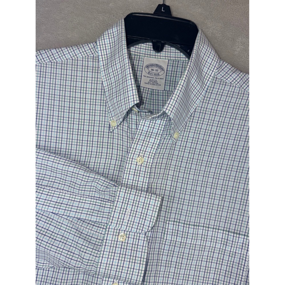 Brooks Brothers 16X32 Slim Fit Non-Iron Dress Shirt Blue Green Tattersall Check